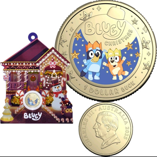 2025 $1 Coloured Uncirculated Coin – Bluey Christmas